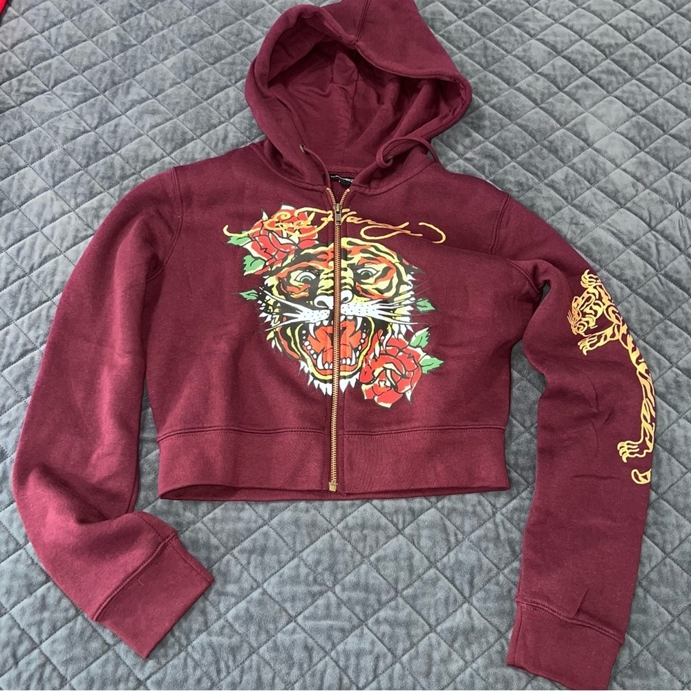 Ed Hardy sweater Women’s medium tiger crop burgundy zip up Y2K fleece B7
